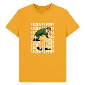 Elf Unisex Adult Raised By Elves Graphic T-Shirt / Mustard